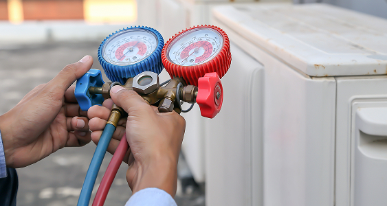technician using manifold gauge is measuring equipment filing industrial