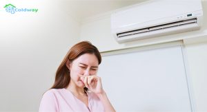 Woman-covering-her-nose-in-disgust-due-to-odor-from-air-con